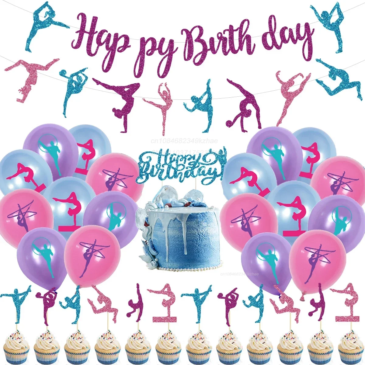 Decoración de escenas de fiesta deportiva, tema de gimnasia, globos de decoración de fiesta de cumpleaños, pancarta de feliz cumpleaños, conjunto de decoración de pastel para niña