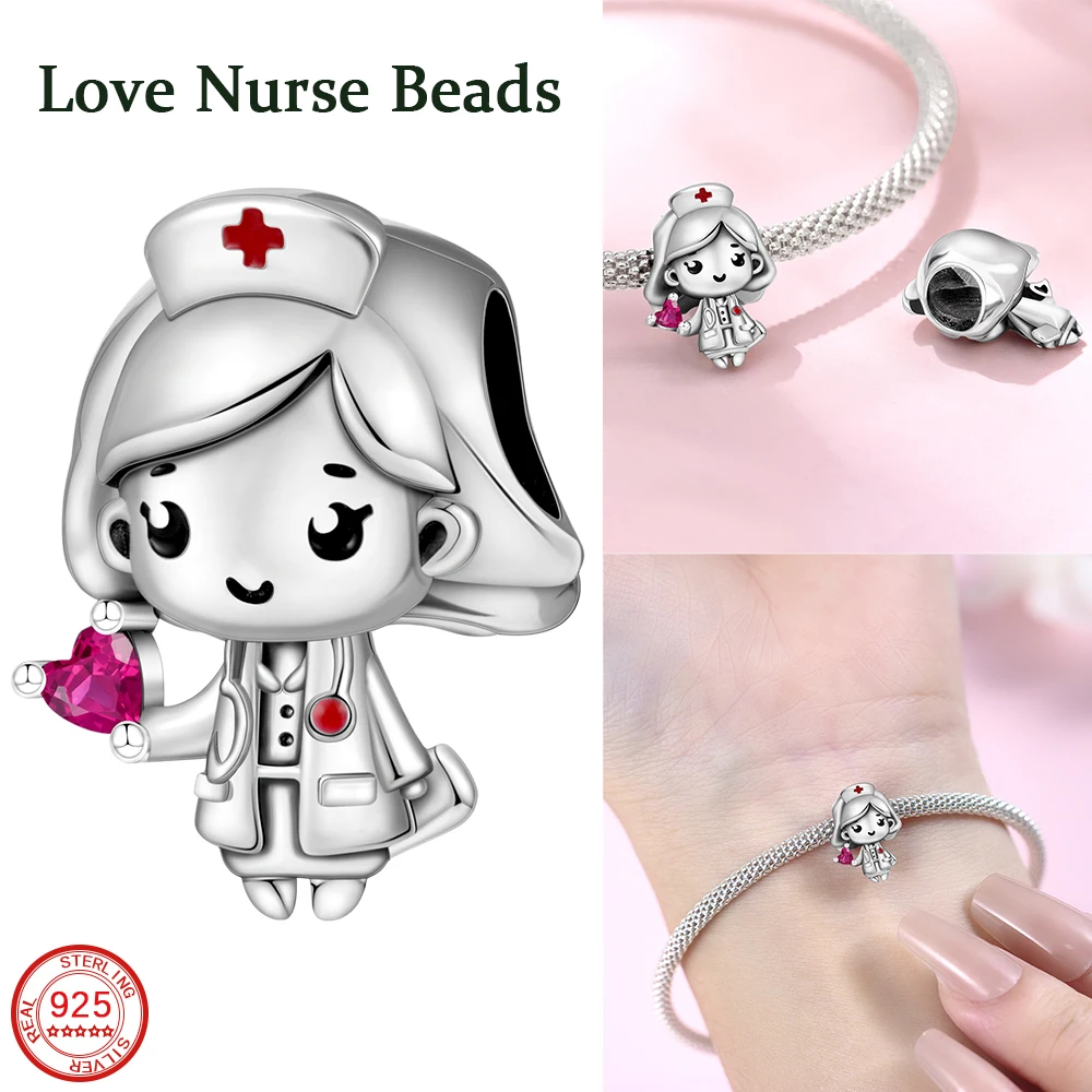 New Cute 925 Sterling Silver Pink Love Beautiful Nurse Bead Bracelet Exquisite Fit DIY Jewelry Birthday Party Gift Accessories