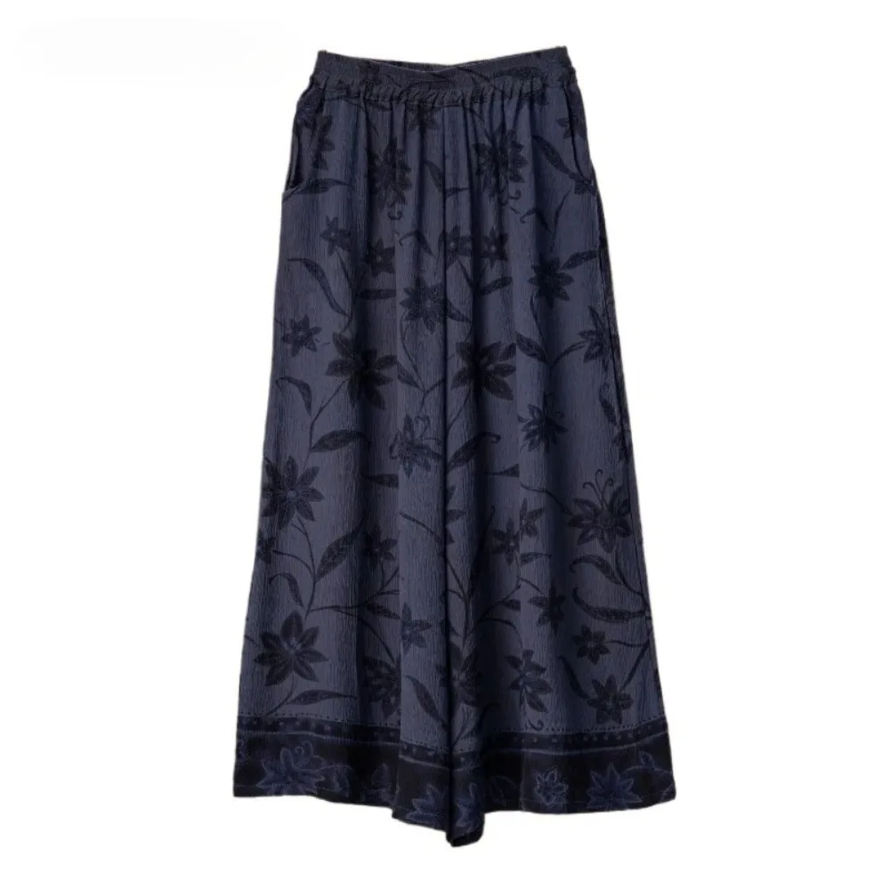 100% Mulberry Silk Trousers, Women's Bark Wrinkled Navy Blue Large Flower Pants, Elastic Waist Double Pockets, 2026 Spring New