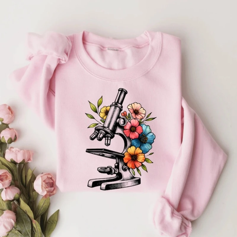 Floral Microscope Sweatshirt Biology Hoodie Science Teacher Gift  Lab Tech Autumn and Winter Hoody Microbiology Keep Warm Tops