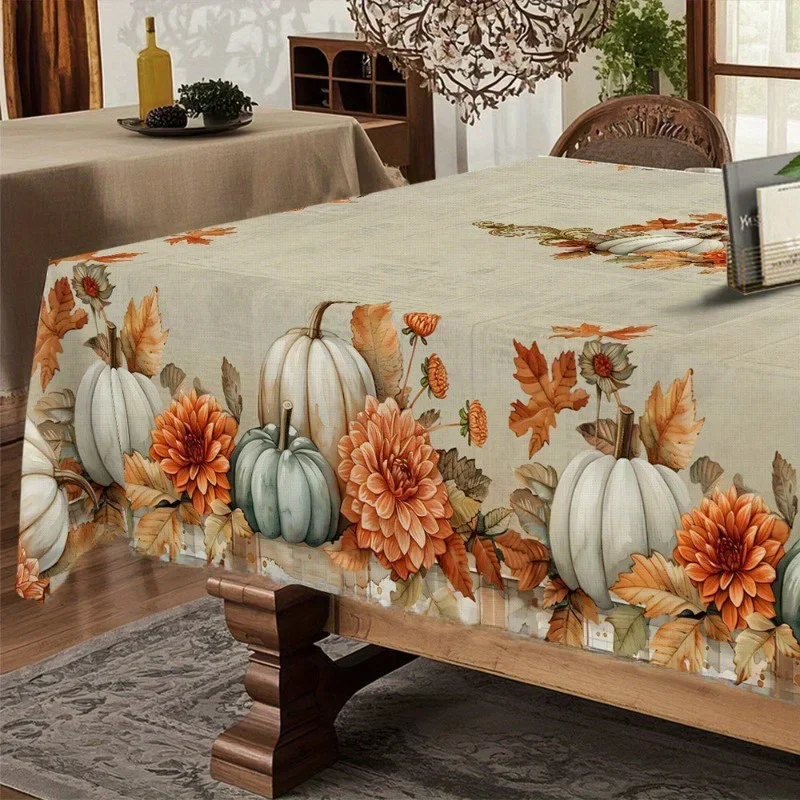 1pc Autumn Tablecloth - Retro Pumpkin, Flower, Maple Leaf, Buffalo Check Pattern - Beige/Orange/White - yzb