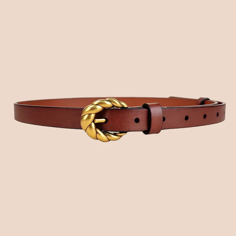 Luxury Minimalist Ladies Cow Skin Waist Belt Retro Brass Braided Pin Buckle French Retro Waist Belt For Jeans Daily Outfit