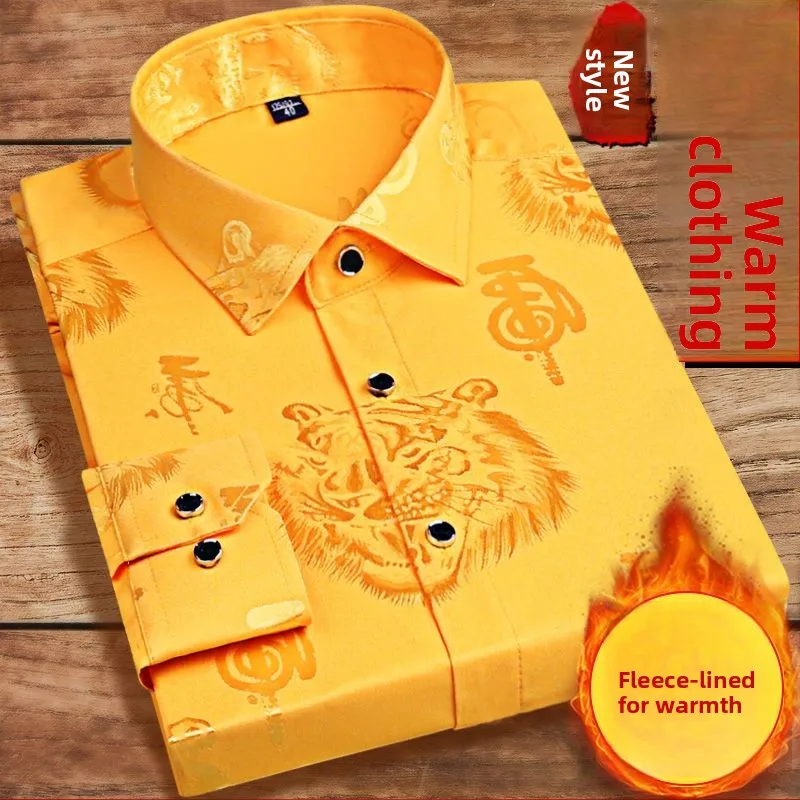 

Warm Fce Lined Non-Lined Winter irt Men's Long Sve Casual Faion Tiger Head Print Middle-Aged Dad Clothes