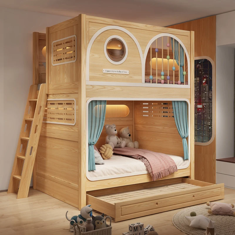 La litera totalmente de madera maciza, las camas altas y bajas no se interfieren con cada otra cama doble para hermanos.