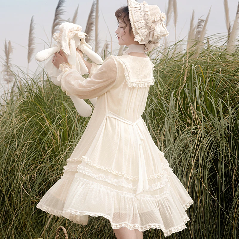 Originele Zonnebloem Borduren Lolita Dagelijks OP Uitlopende Mouw Jurk Lente Herfst Lange Mouw Sheer Mesh A-lijn Jurk Lolita Jurk