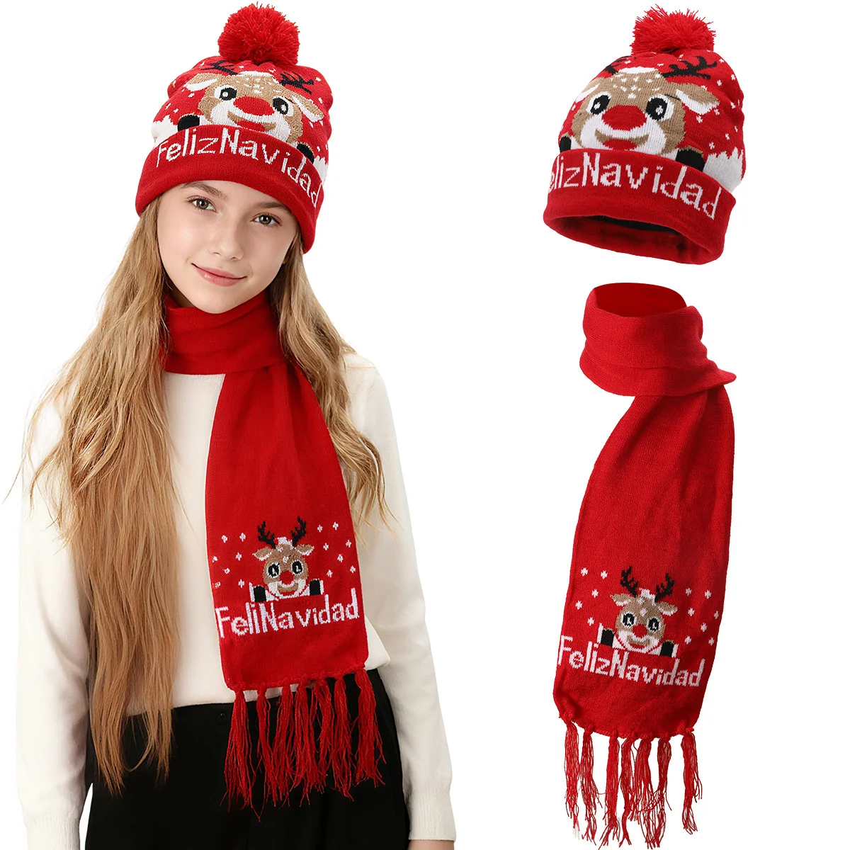 Christmas Knitted Hat Scarf Set with Reindeer Jacquard 2025 New Warm Winter Set Stock Available
