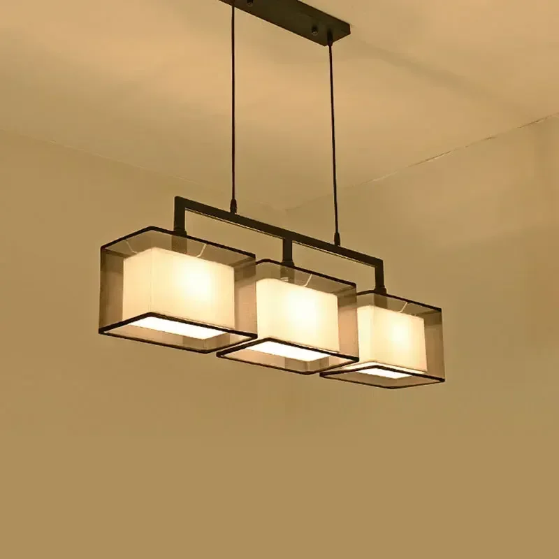 New Chinese Rectangle Chandelier, 3-Head Wooden Pendant Light, Retro Style Hanging Lamp for Dining Room Study Tea Room Bar Table