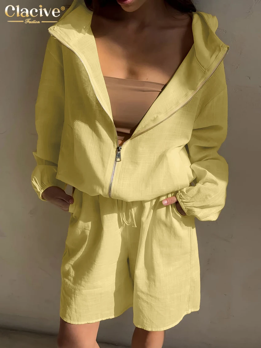 Clacive Casual Loose Yellow Cotton 2 Piece Set Women 2027 Elegant Long Sleeve Shirt With High Waist Shorts Set Female Clothing