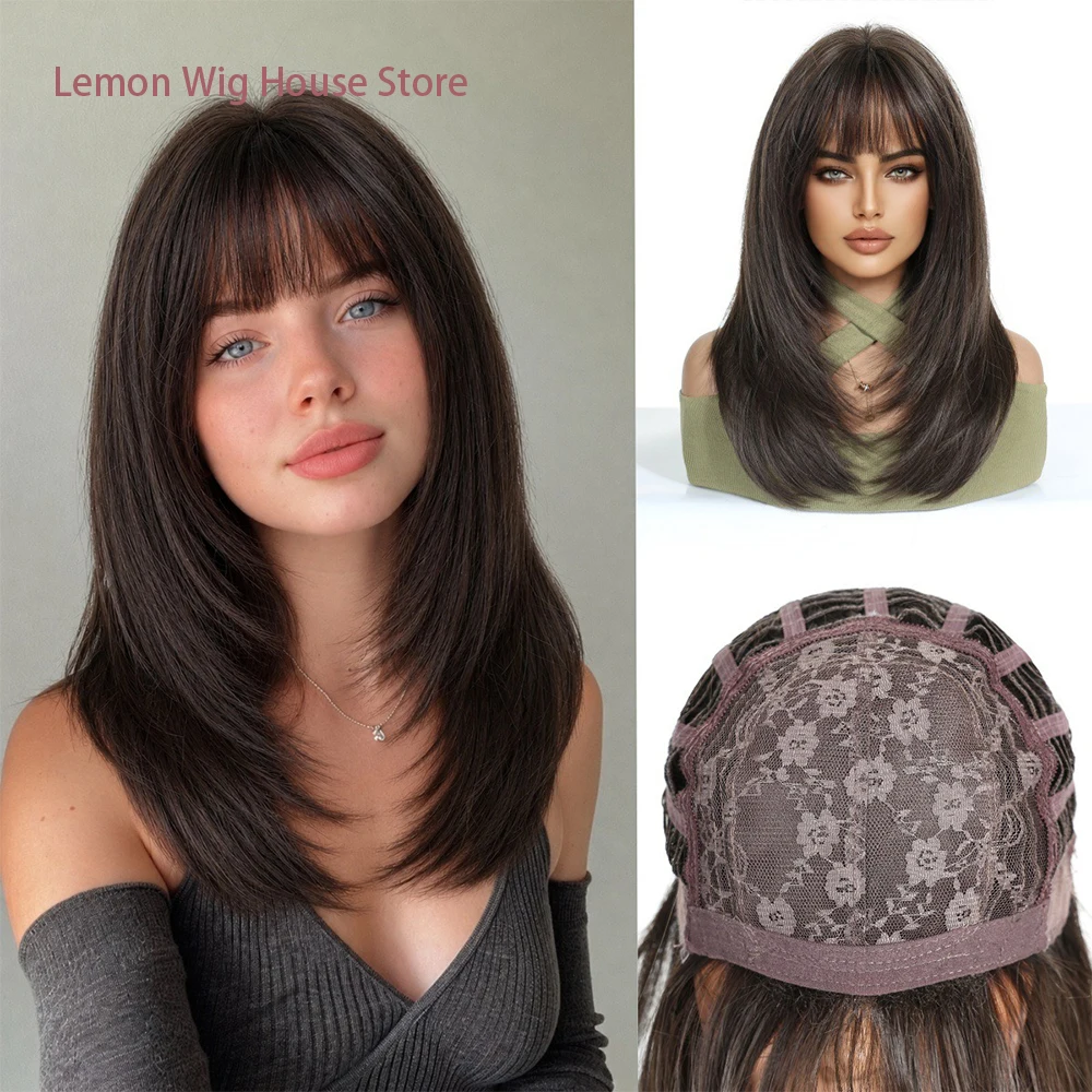 Black Brown Wig with Bangs Natural Layered Wig Medium Long Straight Hair Gradient Gold Wigs for Women Daily Use Synthetic Hair