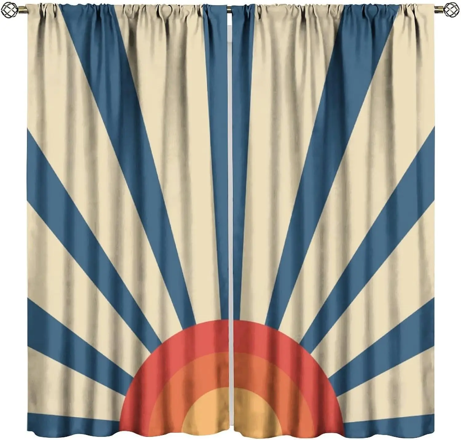 Mid Century Retro Sun Curtains, Navy Blue Radiant Ray Gradient Orange Half Sun Minimal Print Drapes for Bohemian Living Room