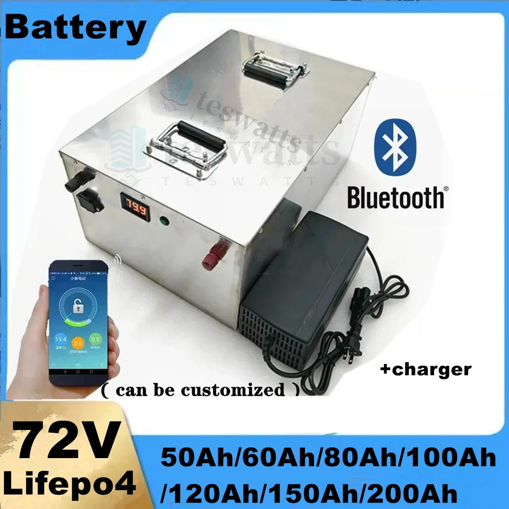 lithium 80Ah 72V 100Ah 200Ah 150Ah lifepo4 battery BlueoothBMS deep cycle for 7000W scooter Motorcycle inverter + 10A charger.