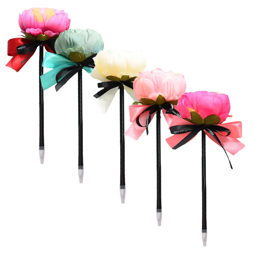 

5Pcs Decorative Peony Ballpoint Pens Flower Top Ribbon Stationery Gift for Women Creative Pen
