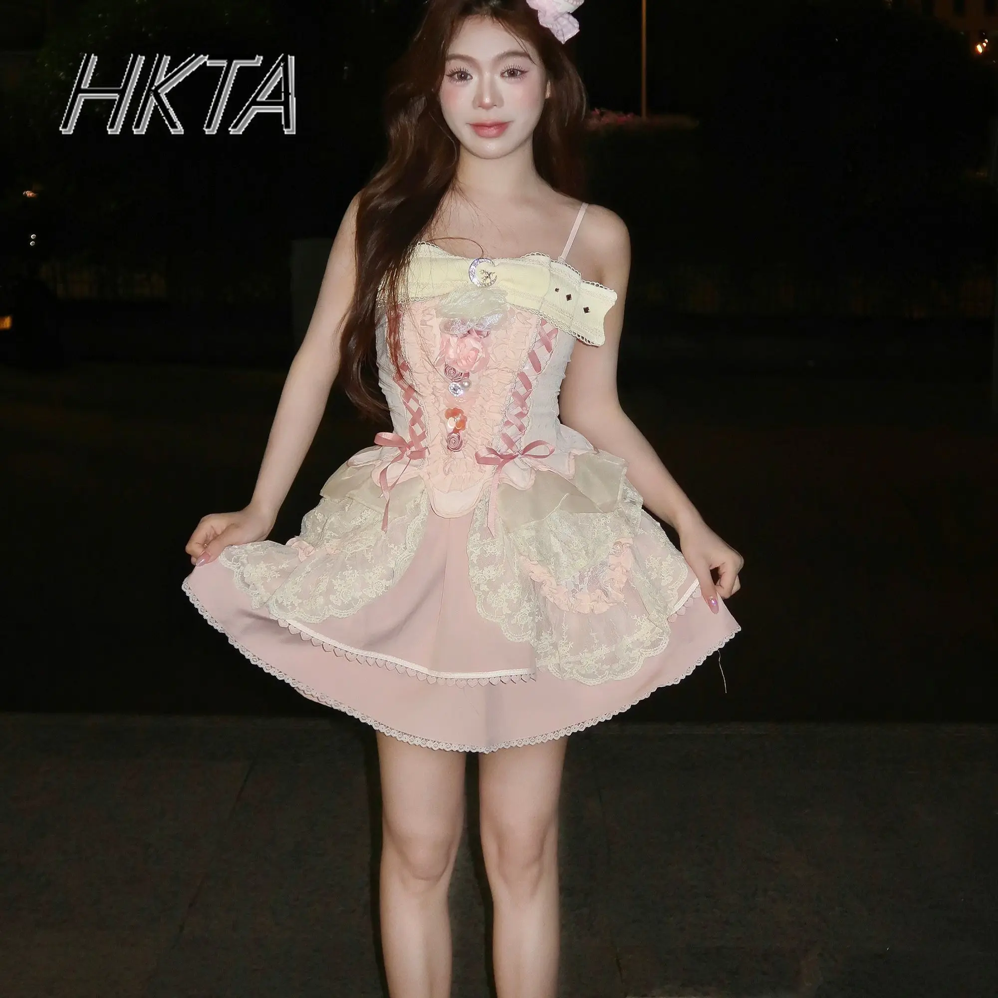 妖精のような甘いボウストラップ付きレースチューブトップ、レディーススリングベスト、夏の新作、ウエスト細く見えるレーススプライシングベストタンクトップ、女性用、調節可能