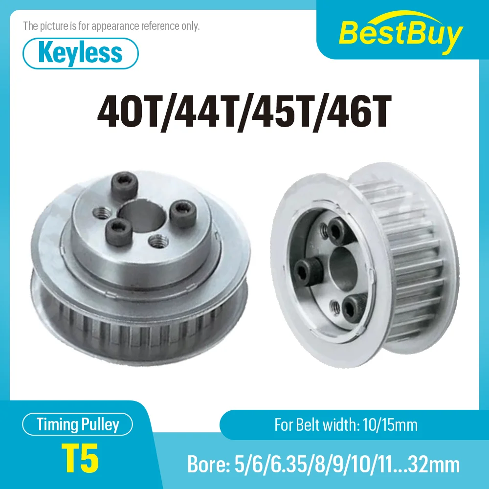 42T/44T/45T/46T Trapezoidal Tooth Timing Pulley Keyless Bushing Bore 5-32mm For T5 Synchronous Belt Width 10/15mm