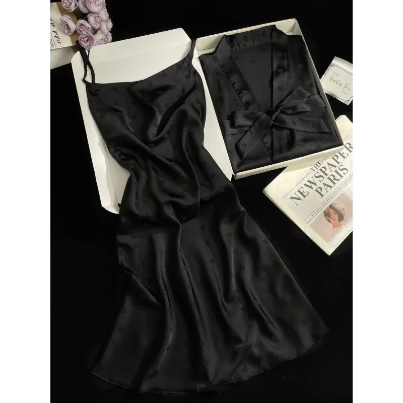 French Style Robe Suit Women Elegant Print Lingerie Sexy Spaghetti Strap 2Pcs Nightgown Short Kimono Bathrobe