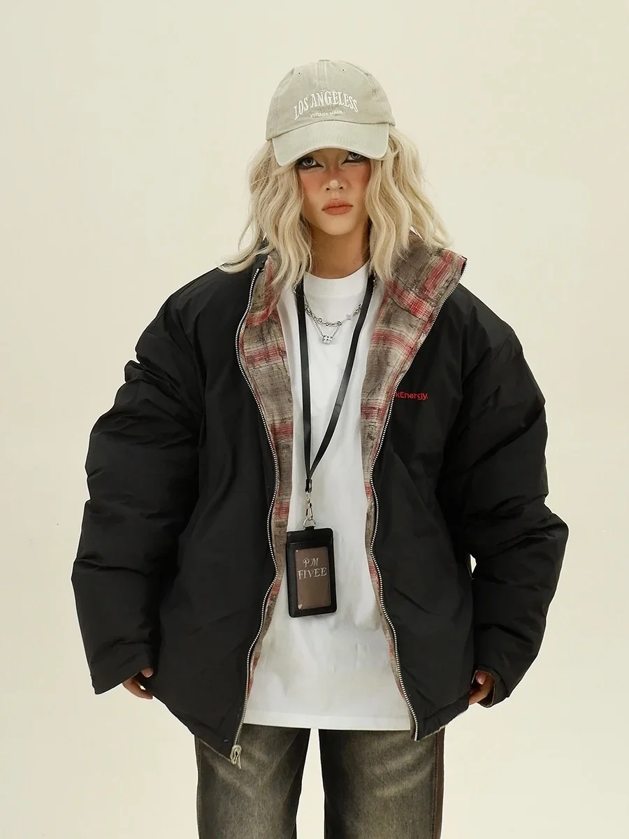 Two-sided Plaid Stand-up Collar Parkas  Women 2024 Winter New Loose Bf American College Style