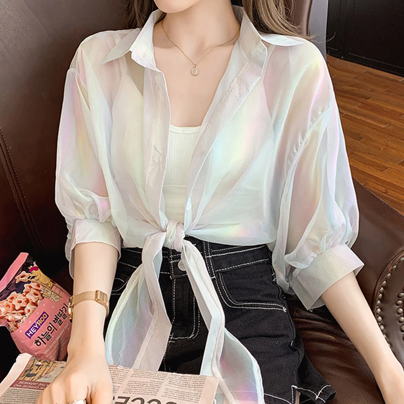 HELIAR abbottonato camicie donna mezza manica brillante Sparkles legato vita Sexy camicette in Chiffon camicie per le donne 2023 estate autunno