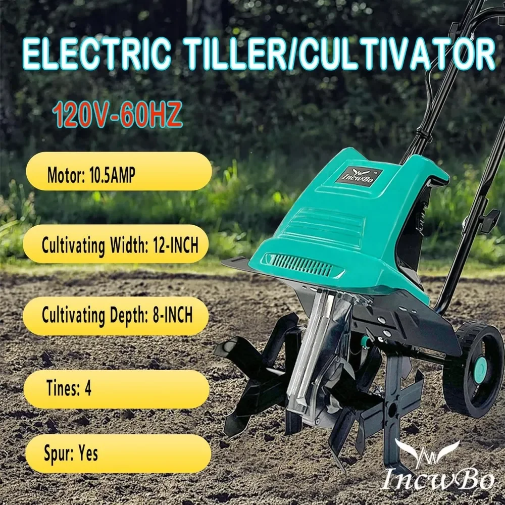 Electric Garden Tiller Electric Cultivator 12 Inch Tilling Width 8-Inch Electric Tiller 10.5 Amp Tiller for Garden Yard