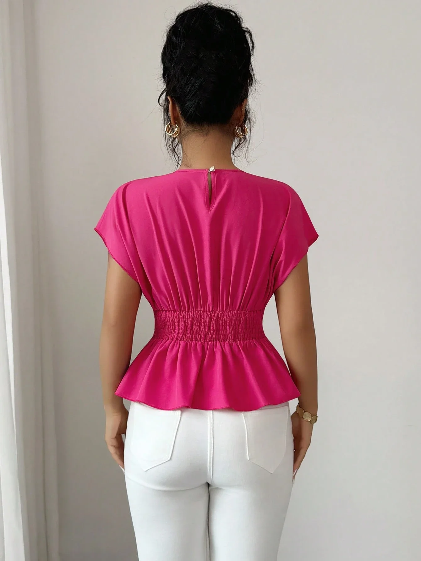 

Элегантная женская блузка с круглым вырезом, короткими рукавами и пэплумом, повседневный праздничный топ