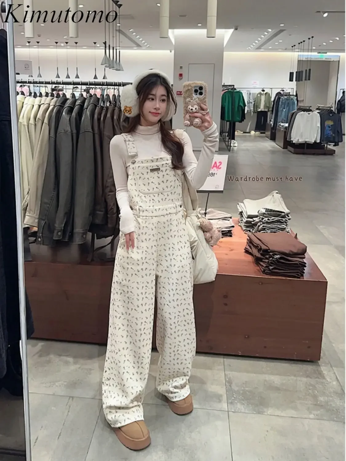 Kimutomo Floral Corduroy Jumpsuit Button Fly High Waist Wide Legs Streetwear Women Korean Small Fresh Full Length Jumpsuits