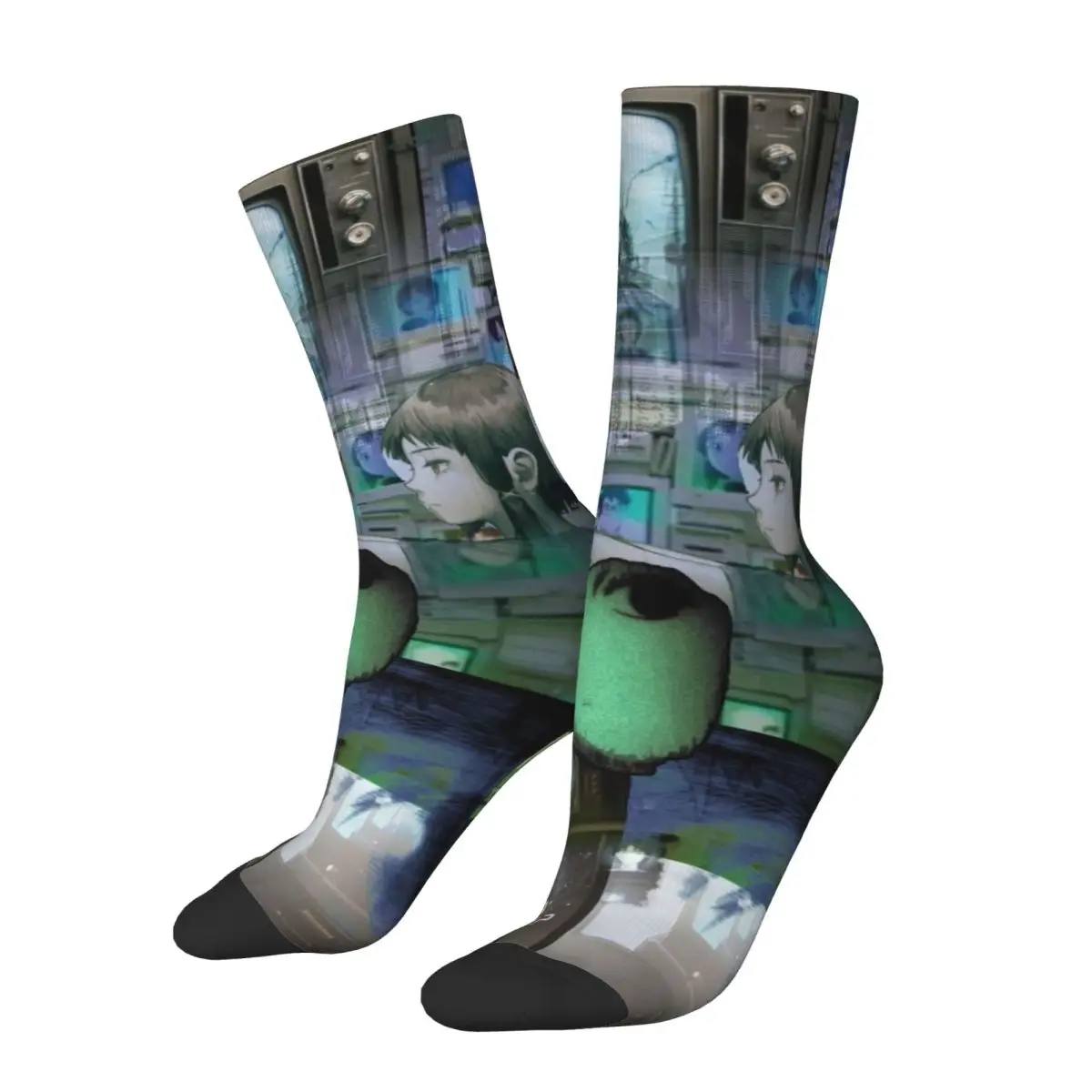 Funny Serial Experiments Lain Football Socks Polyester Crew Socks for Unisex Breathable