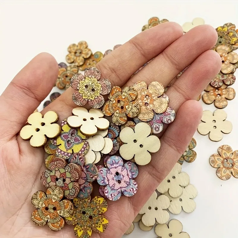 100pcs Boho Mixed Painted Flower Random Buttons Painting Round Wooden Button 2 Holes For Sewing Scrapbooking Crafts DIY Project