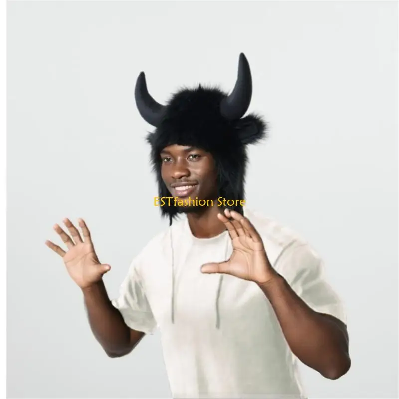 Y5GC إيرفلاب قبعة تأثيري الحيوان أغطية الرأس الشتاء قبعة دافئة مع الثور القرن للنساء المراهقات هالوين زي حفلة الملحقات #4