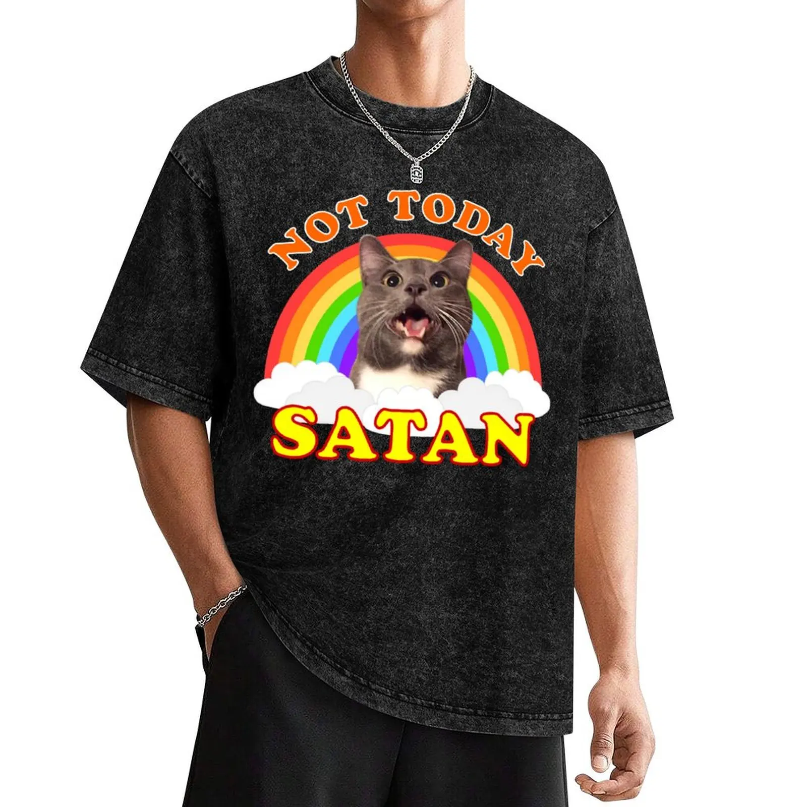 

NOT TODAY SATAN! - Roger the Cat, Death Metal Rainbow Smiles T-Shirt anime t shirts essential t shirt Men's cotton t-shirt