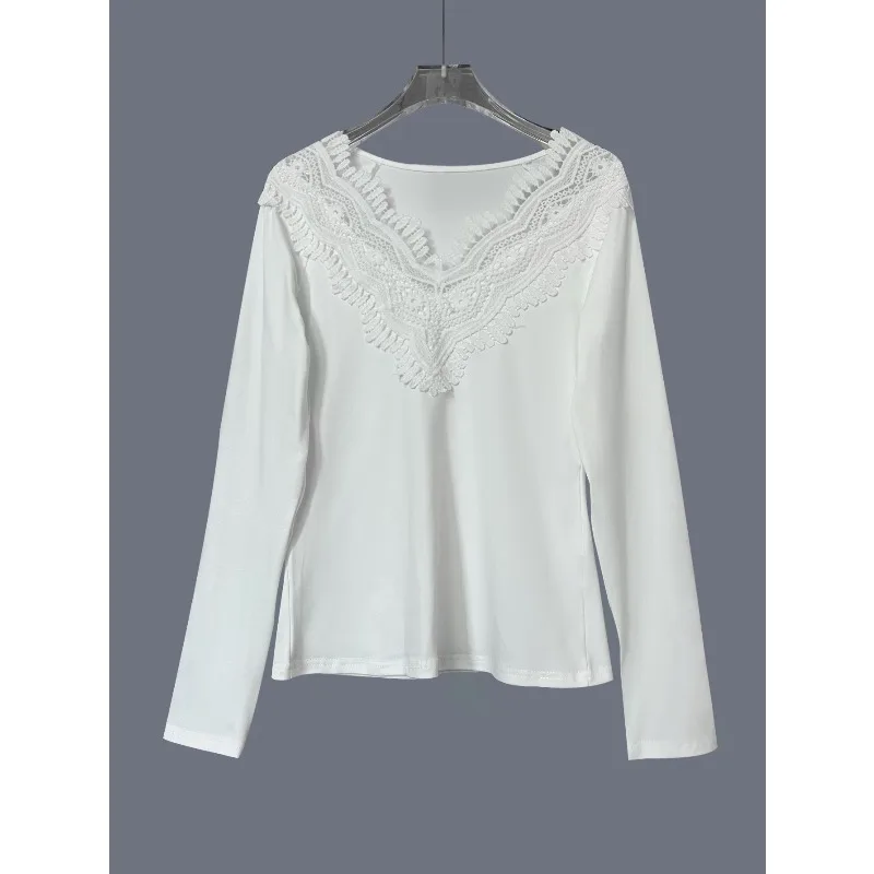 New Vintage V-Neck Lace Trim Long Sleeve Pullover Top Autumn Winter Solid Color Casual Elegant Blouse Fashion Office Lady Shirt 5