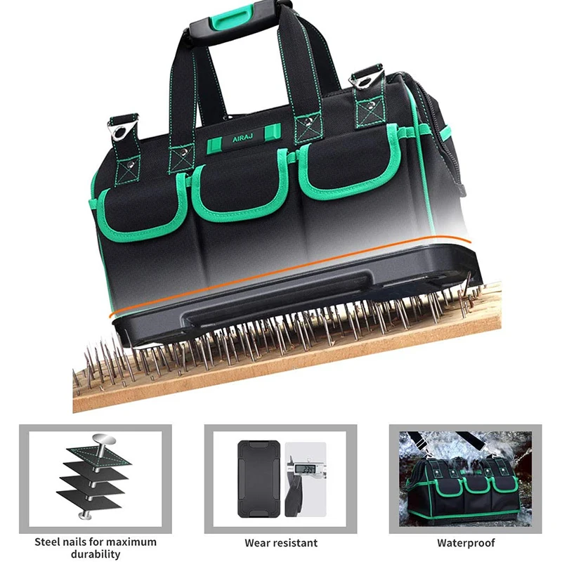 AIRAJ 23in Tool Bag with Waterproofed Molded Bottom, Multi-Pockets Wide Mouth Tool Tote with Adjustable Shoulder Strap