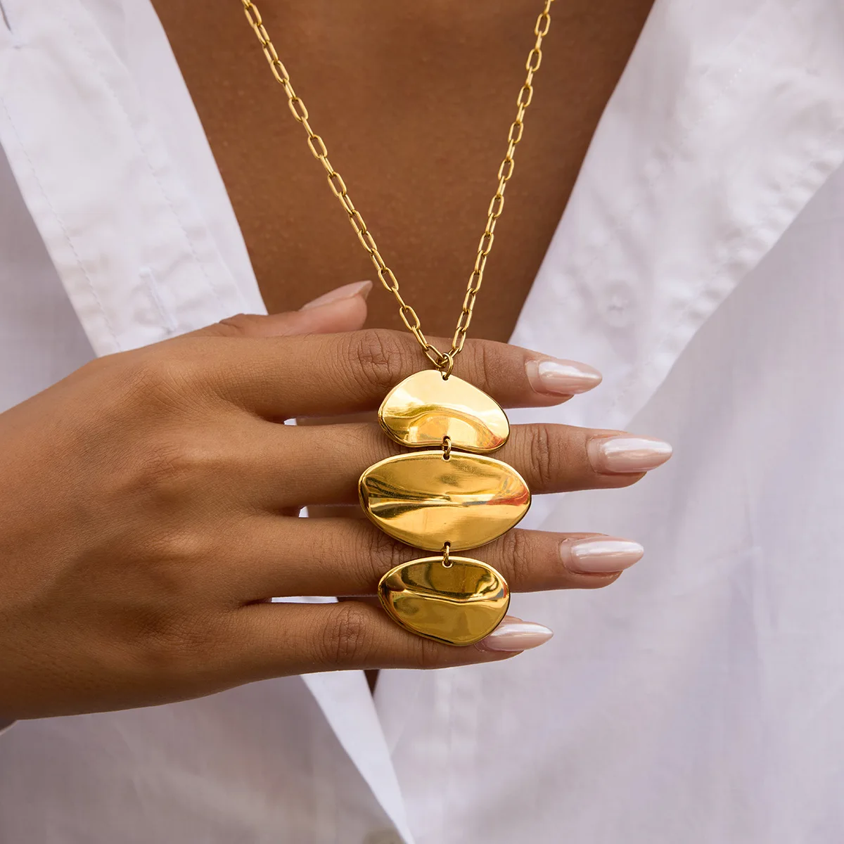 

YHTOT Statement Irregular 3-Layer Circular Pendant Necklace 18K Gold Color Plated Stainless Steel Exaggerated Large Size Jewelr