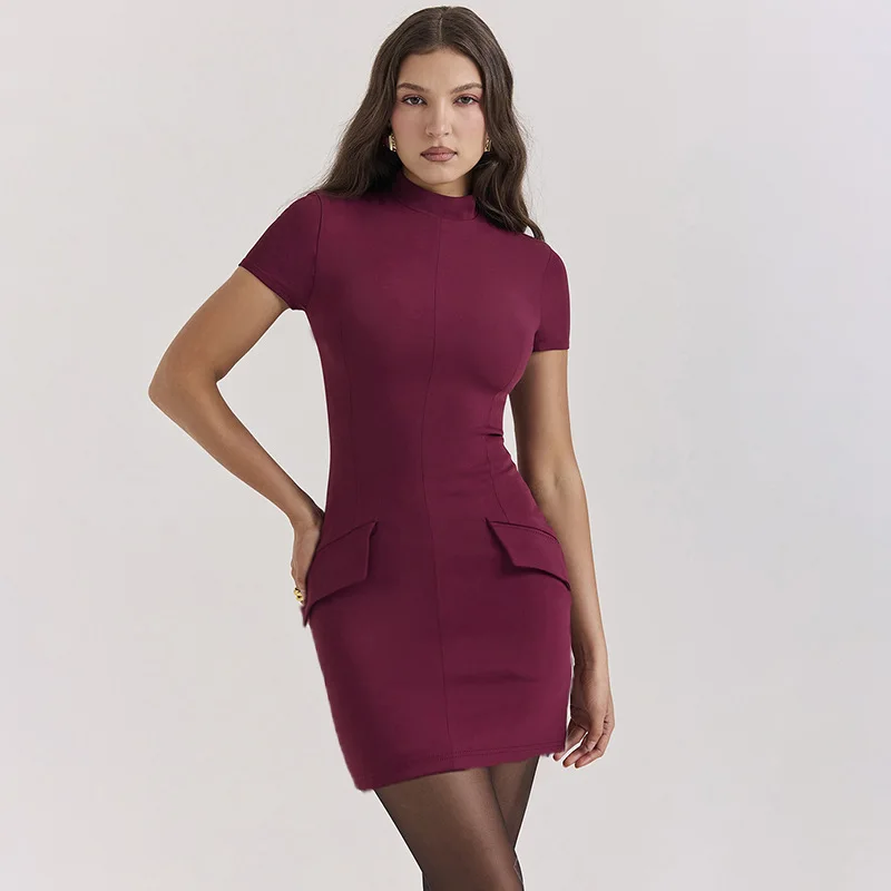 

Summer Bodycon Mini Dress for Women Elegant Short Sleeve Solid Basic Dresses With Pockets Fashion Chic Party Club Robe 2024 New