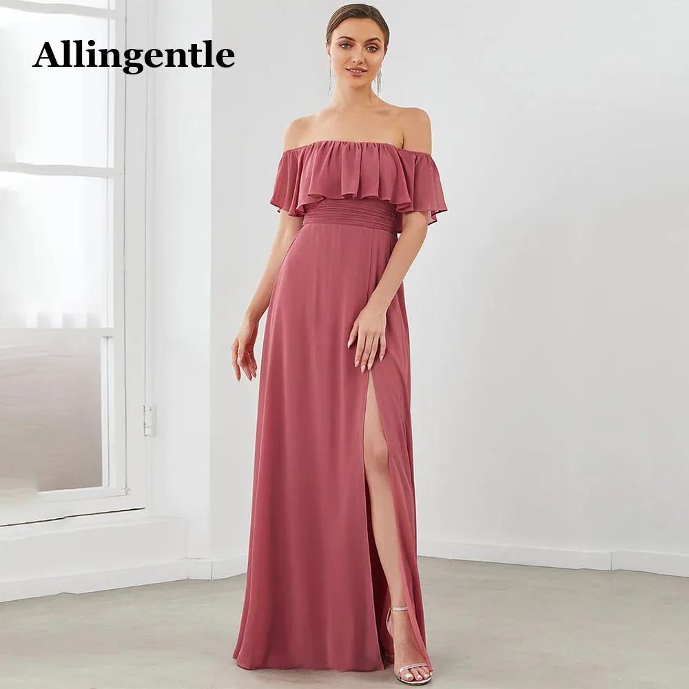 Allingentle Women's Off Shoulder Ruffle Sleeves Sexy Evening Dresses Side Split A-Line Maxi Dress 2024 Bridesmaid Gowns Custom