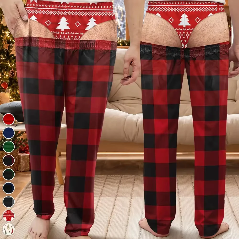 Happy Christmas New Funny Fake Butt Cutout Christmas Light Print Unisex Straight Pants Novelty Trousers for Christmas Men's Pant
