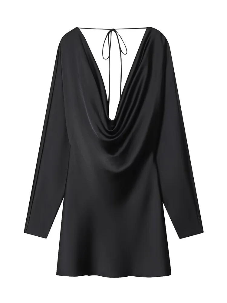 HH Mulheres Mangas Compridas Backless Vestidos Plissado Moda Feminina Lace-up Textura de Cetim Verão Gola Pendulosa Sólido Mini Vestido