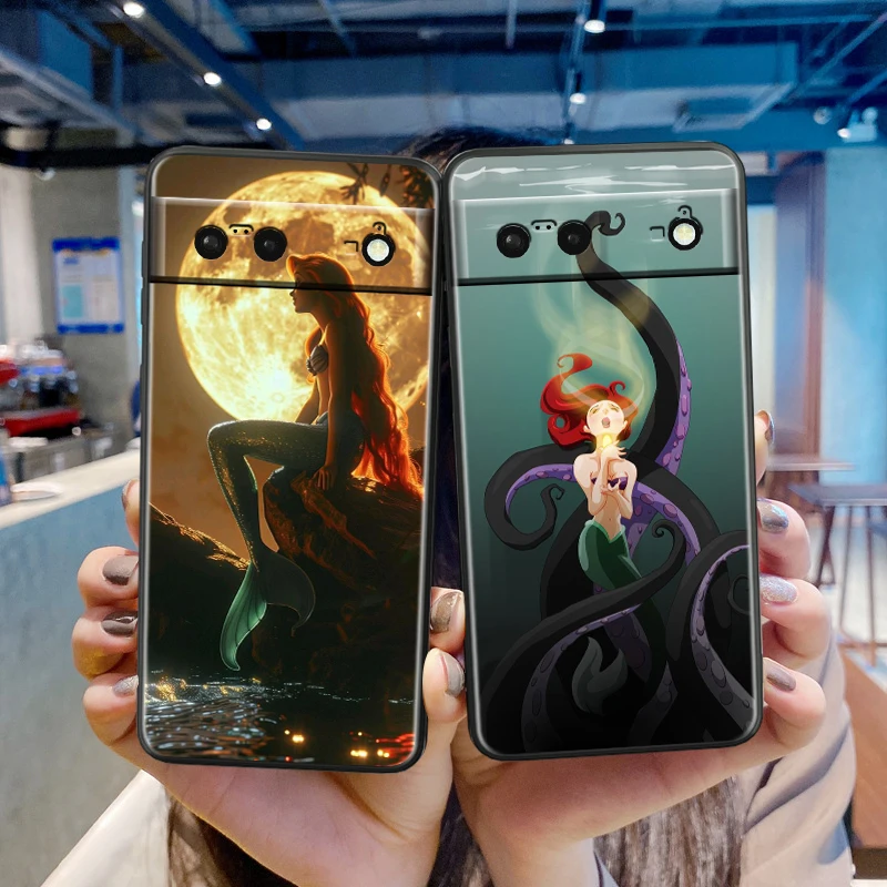 Disney Little Mermaid Ariel For Google Pixel 9 8 7A 7 6A 6 5A 5 4 4A XL 5G Black Silicon Shockproof Shell TPU Phone Case