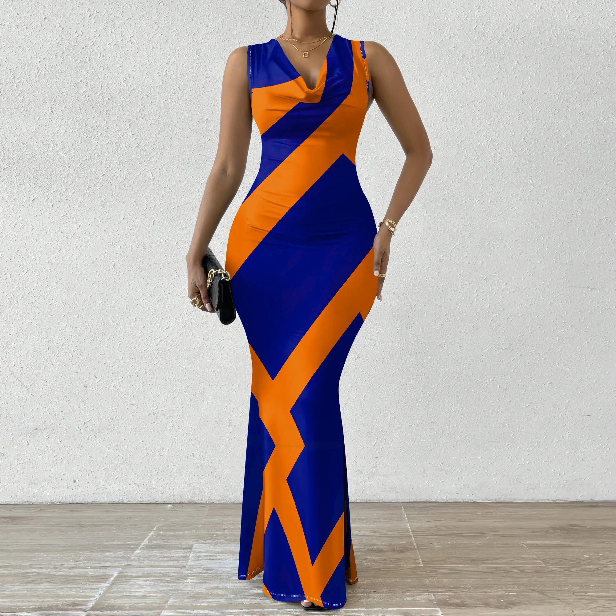 

Geometric Print Bodycon Maxi Dress for Women XS-2XL Spaghetti Strap Summer Party or Festival Look Bold Modern Style