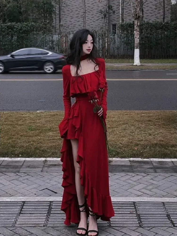 2024 Spring Women Elegant Long Slevee Midi Dress Female Red Square Collar Ruffle Party Dress Christmas Irregular Prom Dress