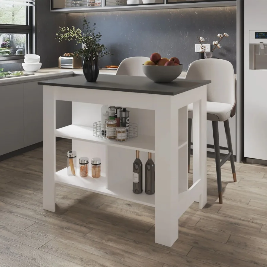 

Gray and White Kitchen Island with Open Storage