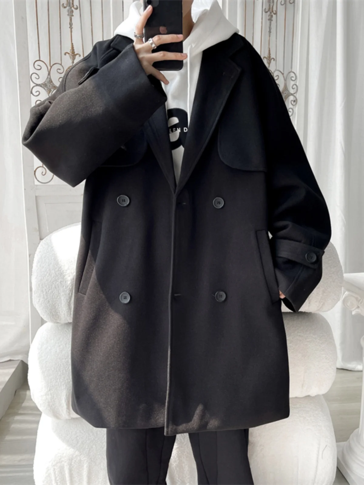 

Bla Woolen Men's Coat Autumn Winter Double Row Buttons Medium Long Faion Brand Outerwear Large Size Loose Sle Coat