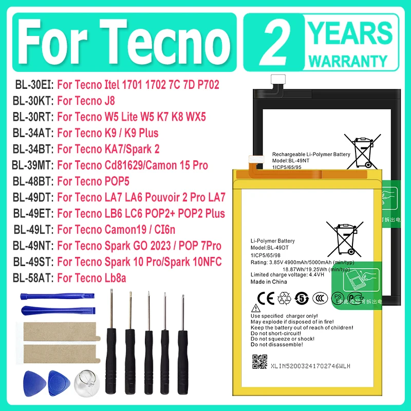 BL-30RT BL-34AT بطارية جديدة لـ Tecno Spark Camon Itel Spark POP 2 5 7 10 W5 J8 LA6 LB6 19 K7 15 KA7 K9 1701 Lb8a Lite Plus Pro