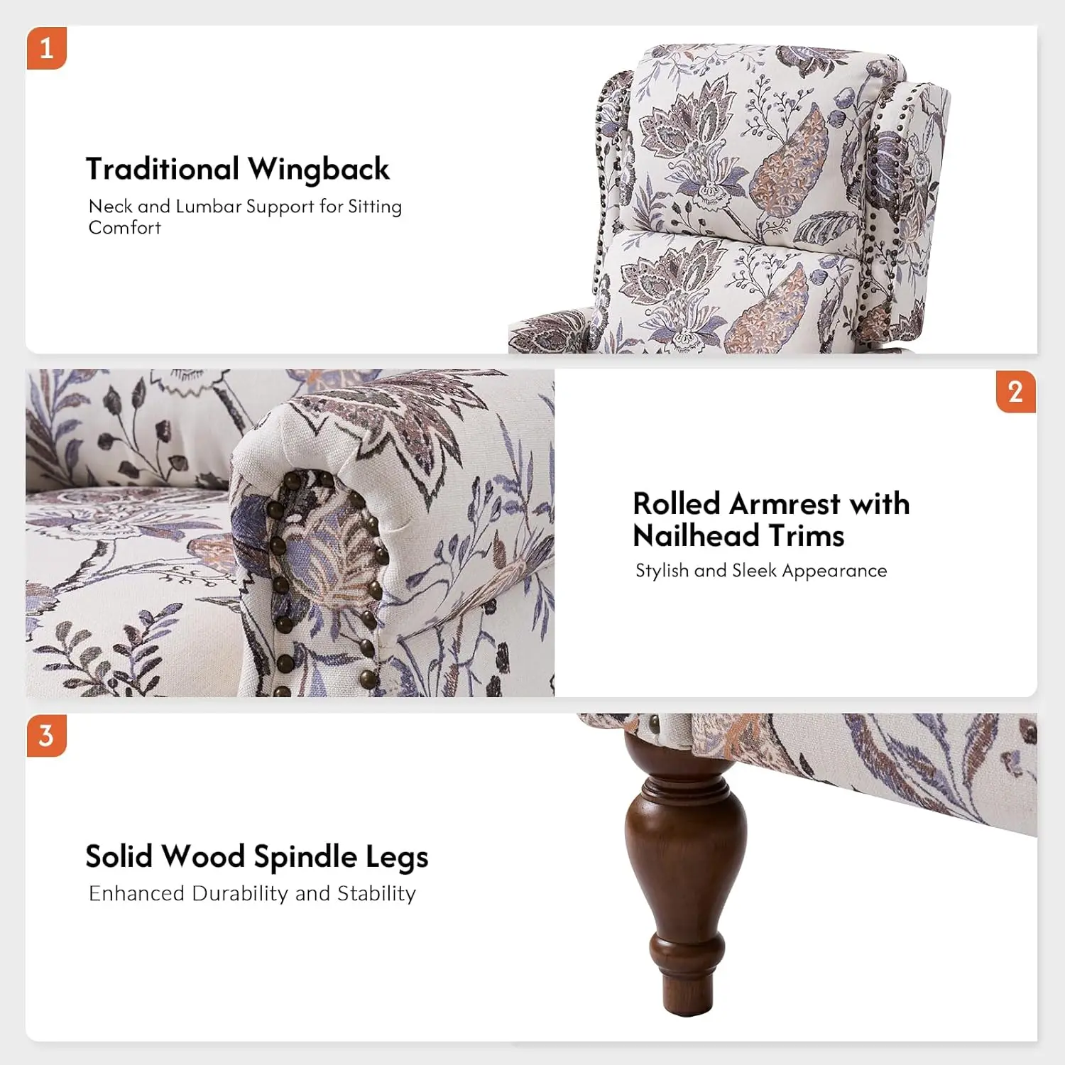 Pushback Recliner Chair, Upholstered Floral Fabric Wingback Chair, Single Sofa Accent Chair With Wood Legs And Rivet Decoration