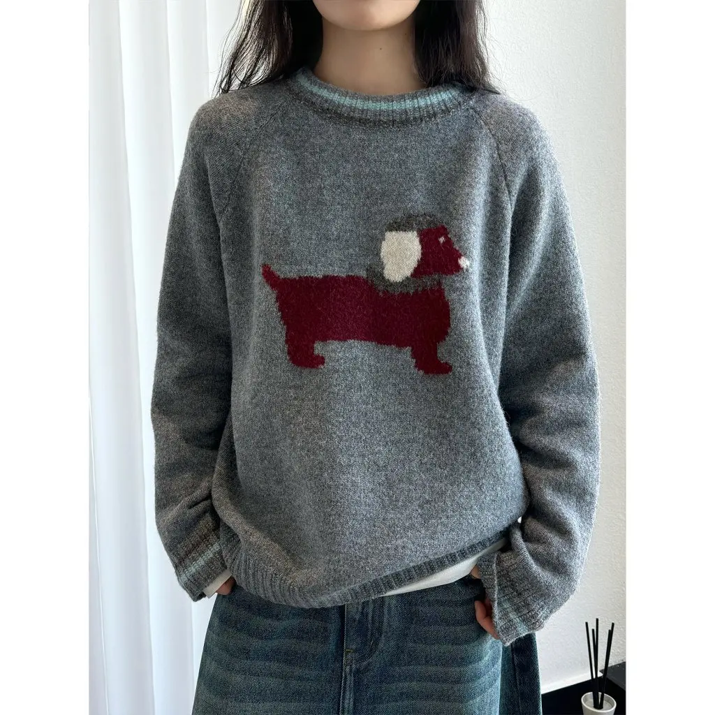 LOFU-suéter de lana de estilo coreano para mujer, Top holgado suave y cómodo con patrón de cachorro reductor de edad para invierno