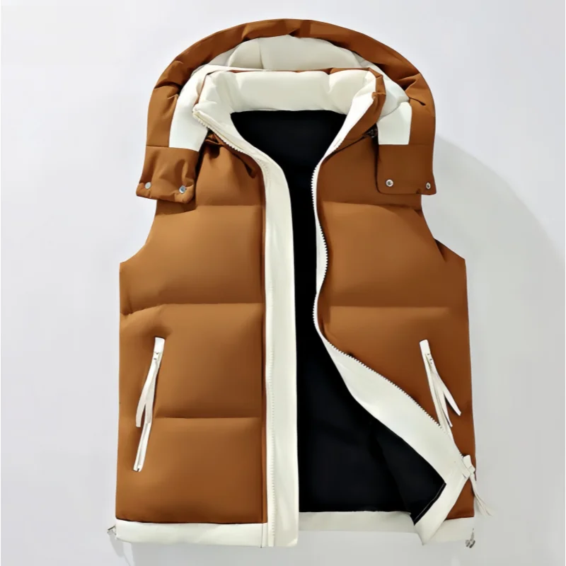 Detachable Hooded Padded Vest for Men, Color-Blocked Warm Sleeveless Jacket, Thickened Outerwear for Autumn and Winter, Zippered Pockets, Loose Casual Cotton Vest