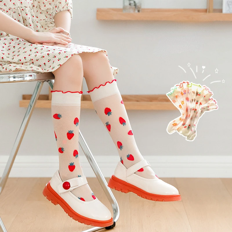 

Summer Children Girl's Cute Transparent Strawberry Socks Kid's Toddler Princess Knee High Socks Japanese Style JK Women Sock