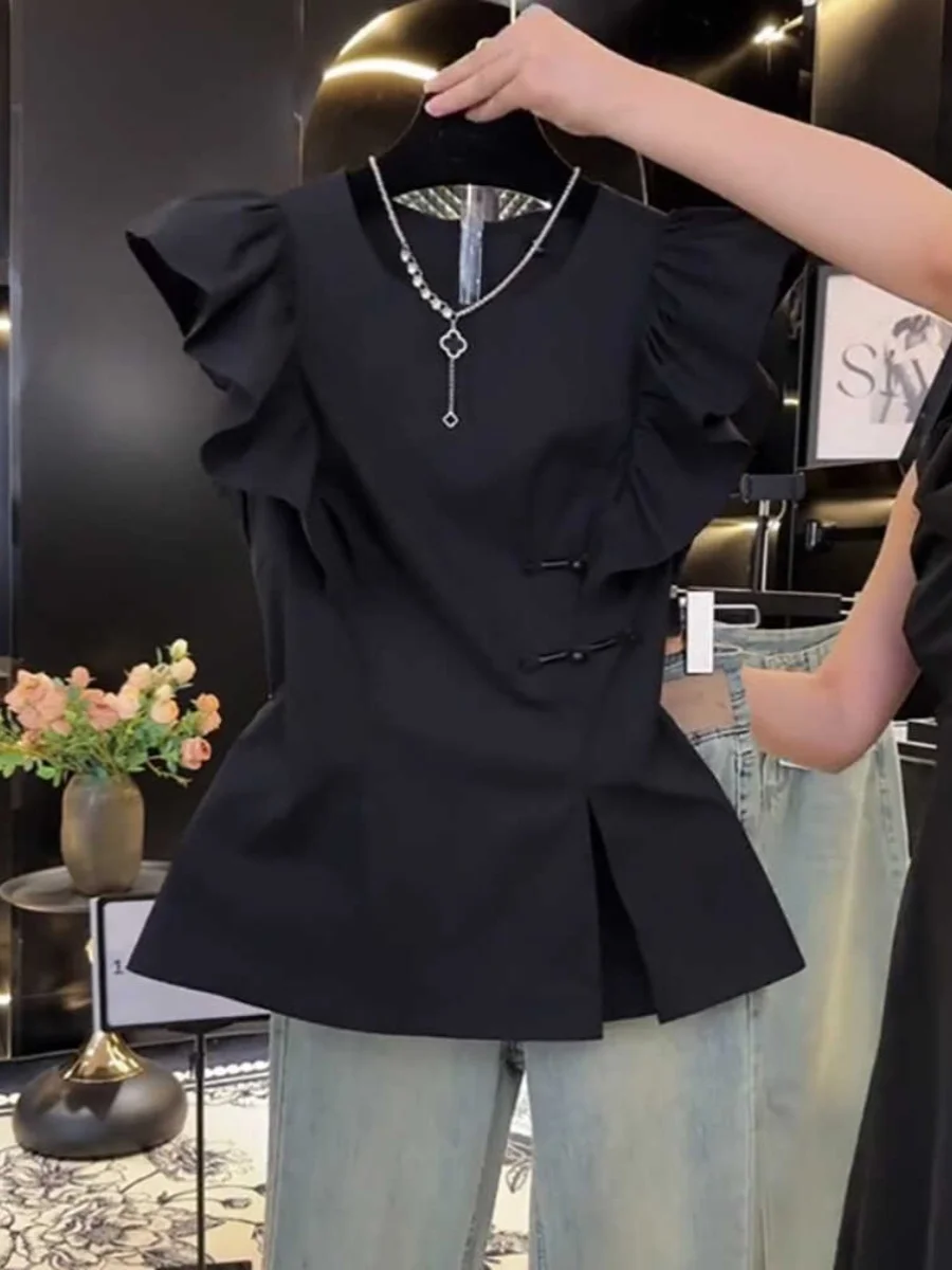 

plus Size Patchwork Short Sleeve Shirt with Fly Sleeve And Lace Hem Chinese Style Top for Women Summer Cover Belly Conceal Meat