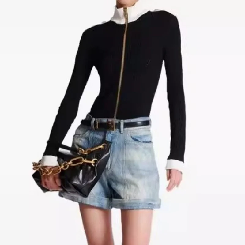 Herbst 2025, neue Damen-Strickjacke mit Stehkragen, Metallknöpfen, verziert, Reißverschluss, offener Cardigan, Y2K, hochwertige, modische High-Street-Strickjacke