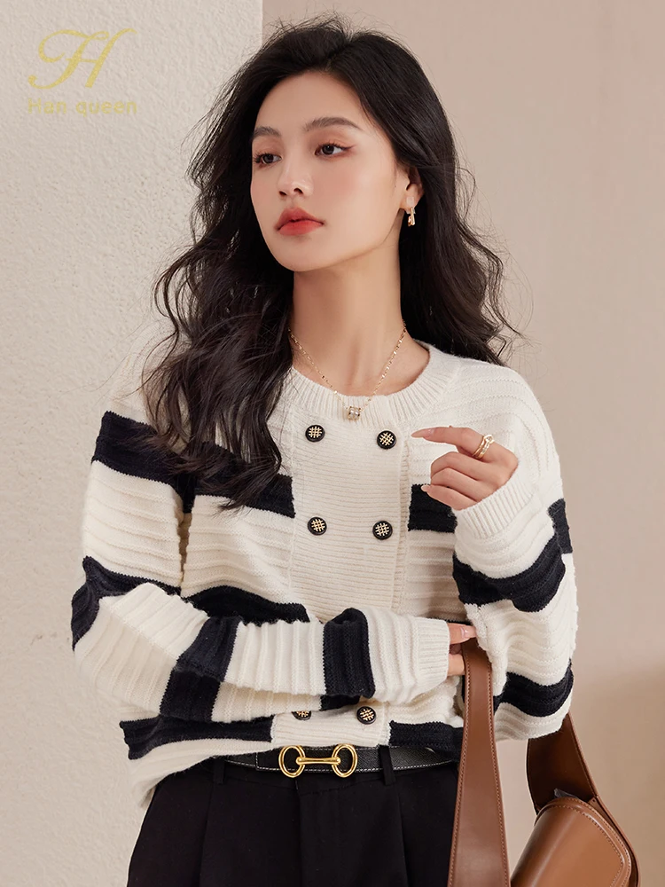 H Han Queen 2024 Autumn Fashion Double-Breasted Knitted Coats Cardigan Sweater Women\'s Tops Basic Striped Long Sleeve Cardigans