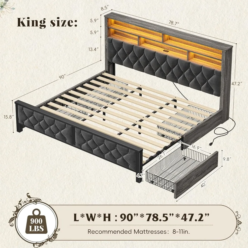 King LED Bed Frame with 2-Tier Storage Headboard and 4 Storage Drawers,Velvet Platform King Size Bed Frame with Charging Station