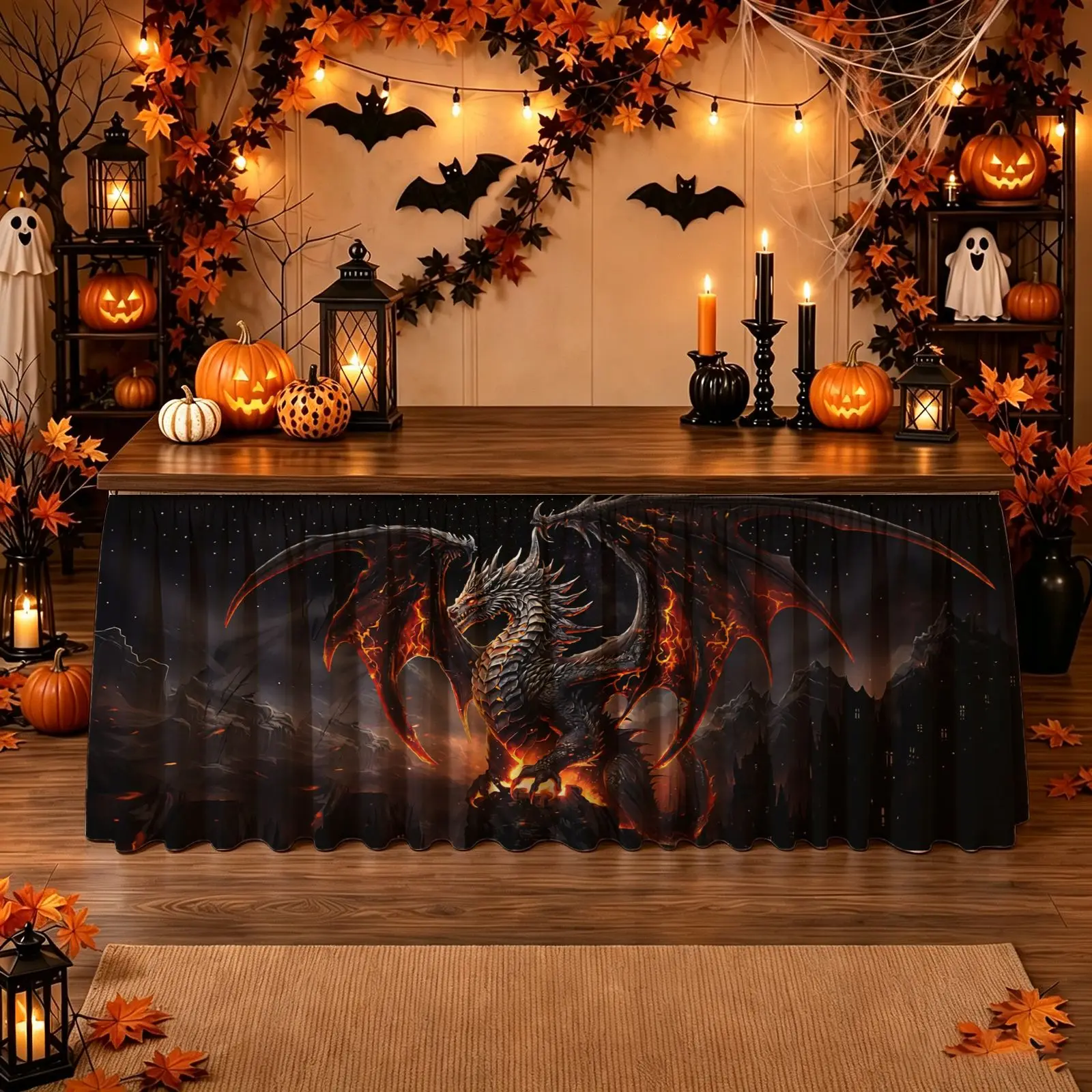 Halloween, Christmas, party horror table skirt set, majestic dragon shape, with flame wings and glowing eyes